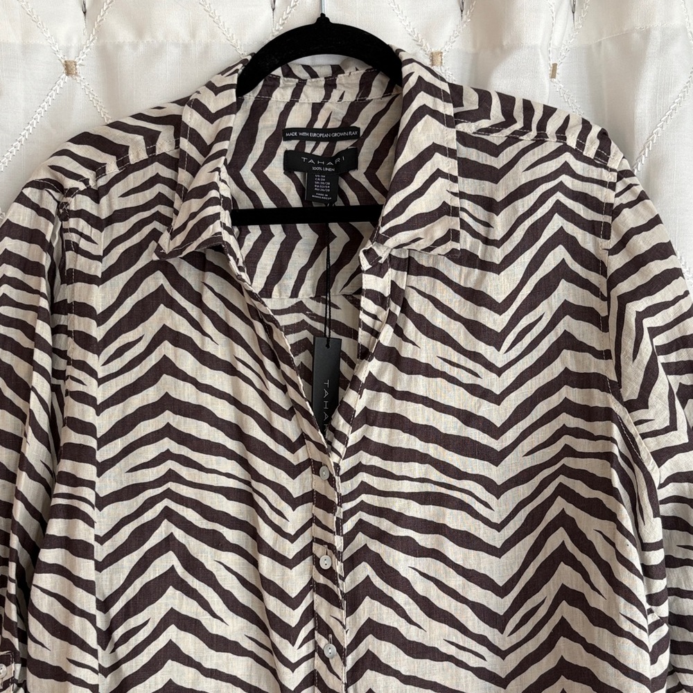T Tahari linen Brown and Cream Zebra-Print Button-Down Shirt